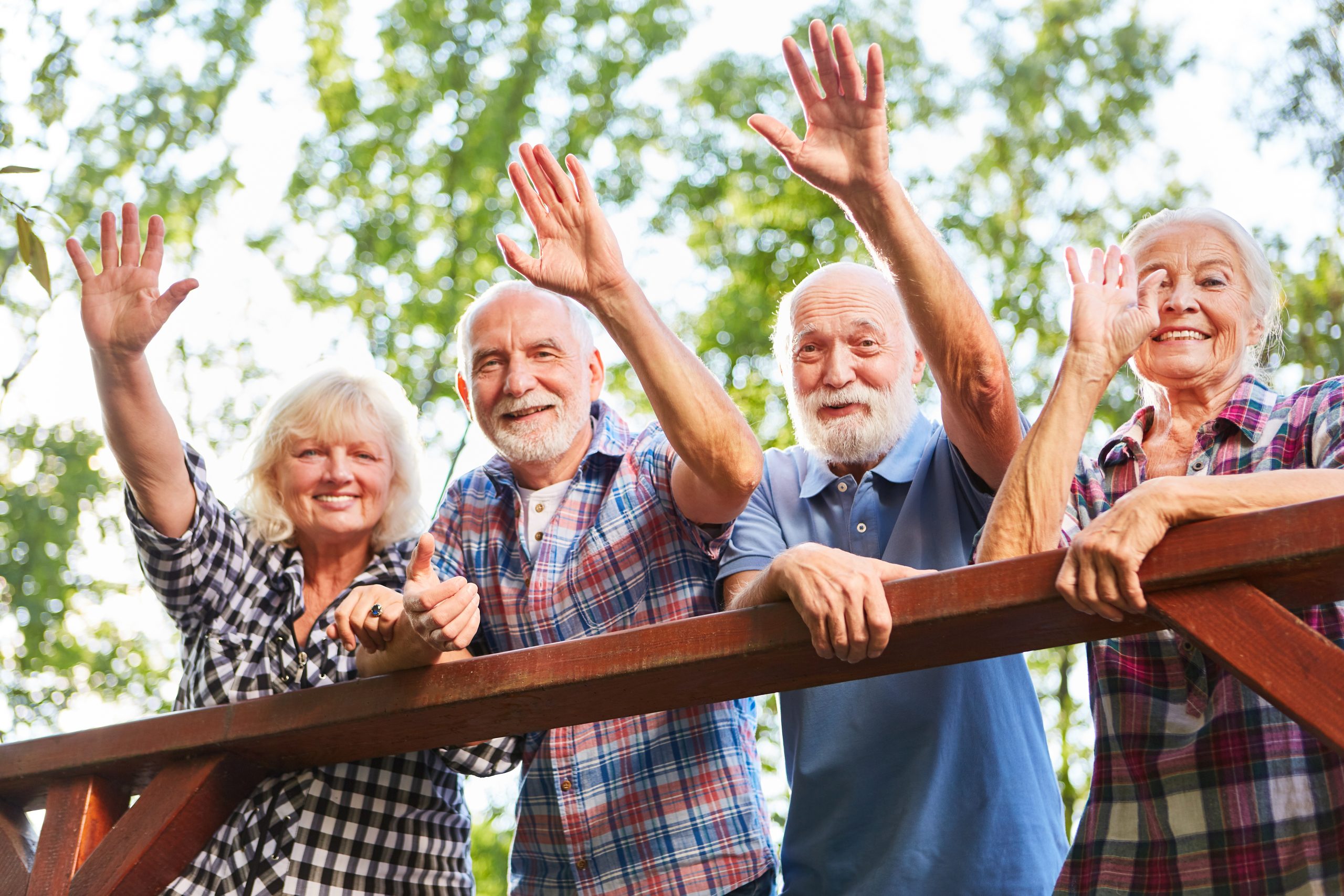 Cheerful seniors waving from a bridge on a summer outing